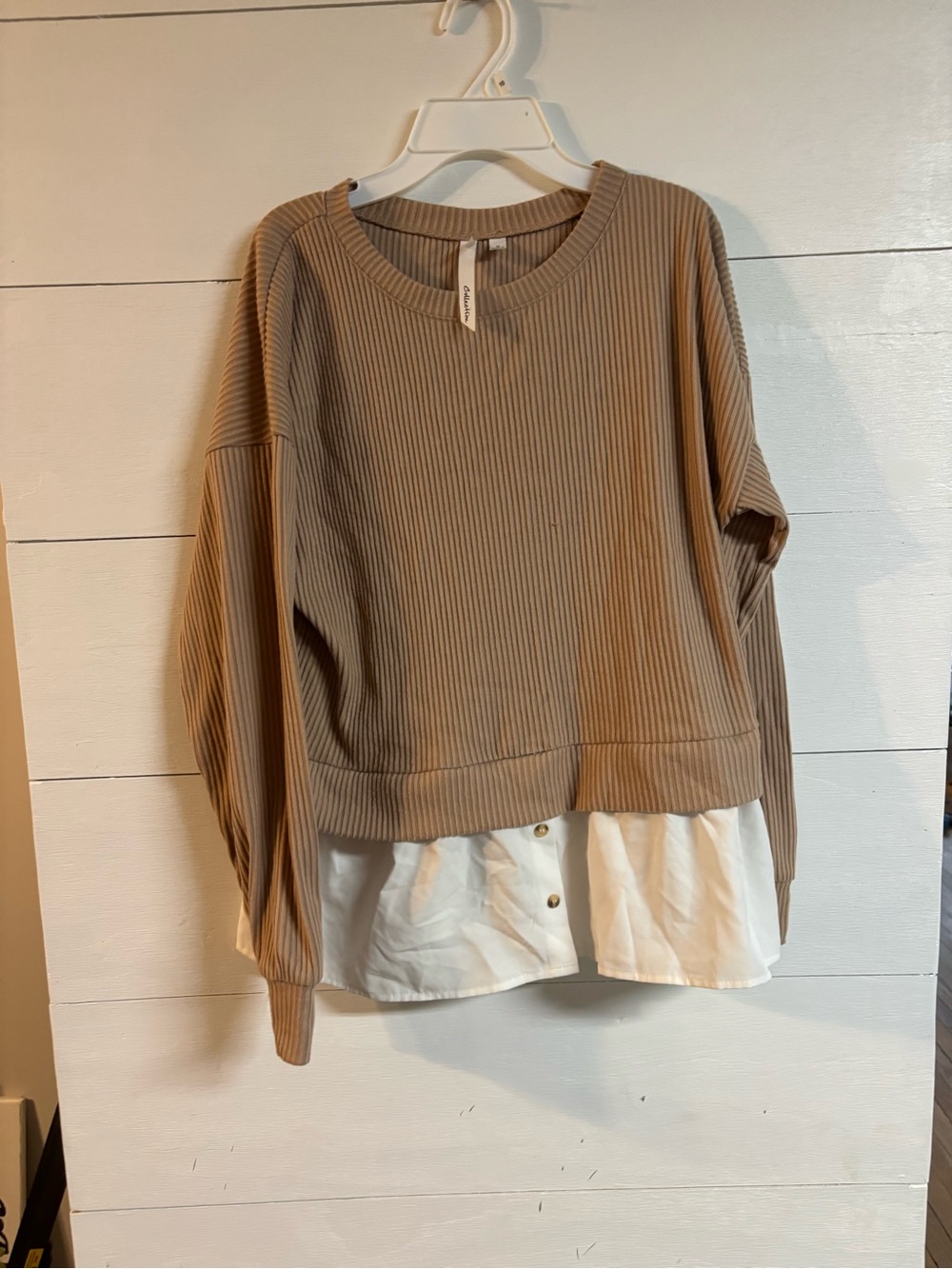 Collection B Ribbed Crewneck Pullover in Taupe